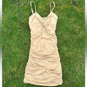 Oh Polly Beige Scrunch Bodycon w Knot Mini Dress with Adjustable Straps Size 4